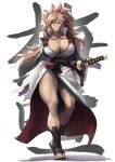  1girl absurdres amputee baiken bandages big_hair breasts cleavage eyepatch facial_tattoo guilty_gear guilty_gear_strive highres huge_breasts japanese_clothes katana kimono large_breasts long_hair looking_at_viewer muscular muscular_female one-eyed open_clothes open_kimono packge pink_hair ponytail samurai sash scar scar_across_eye scar_on_face simple_background solo sword tattoo weapon 