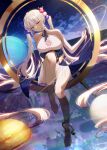  1girl absurdly_long_hair absurdres anklet bangs bare_legs bare_shoulders barefoot binishu blue_ribbon blue_skirt breasts cloud elbow_gloves full_body gloves hair_ornament halterneck high-waist_skirt highres hololive hololive_english huge_breasts jewelry kaniko_(tsukumo_sana) long_hair looking_away neck_ribbon o-ring o-ring_top parted_lips planet ribbon shirt sideboob sitting skirt smile soaking_feet solo tsukumo_sana twintails very_long_hair virtual_youtuber water wet white_gloves white_shirt yellow_eyes 