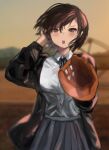  1girl baseball_mitt black_jacket black_ribbon blurry blurry_background blush bob_cut brown_eyes brown_hair collared_shirt cowboy_shot depth_of_field grey_skirt hair_between_eyes hair_tucking highres jacket looking_at_viewer medium_hair miniskirt mole mole_under_eye neck_ribbon okbnkn open_clothes open_jacket open_mouth original pleated_skirt ribbon school_uniform shirt skirt solo white_shirt wing_collar 