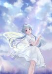  1girl :d absurdres ahoge bangs blue_eyes blue_hair blush butterfly_wings dress eyebrows_visible_through_hair facing_viewer fairy fairy_wings free_palet frills highres legs_together long_hair looking_to_the_side low_twintails open_mouth original own_hands_together puffy_short_sleeves puffy_sleeves rainbow short_sleeves sky smile solo twintails very_long_hair wings 
