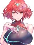  1girl absurdres bangs black_swimsuit breasts chest_jewel competition_swimsuit hand_on_own_chest headpiece highres large_breasts looking_at_viewer one-piece_swimsuit pyra_(pro_swimmer)_(xenoblade) pyra_(xenoblade) red_eyes red_hair red_swimsuit short_hair solo striped striped_swimsuit swept_bangs swimsuit tiara two-tone_swimsuit ug333333 upper_body vertical-striped_swimsuit vertical_stripes white_background xenoblade_chronicles_(series) xenoblade_chronicles_2 