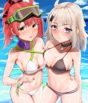  2girls aa-12_(girls&#039;_frontline) ahoge alternate_costume arm_at_side bangs bead_bracelet beads bikini black_bikini blue_eyes blue_sky bracelet breast_press breasts brown_eyes candy choker cleavage cloud commentary_request commission day dyne_gallon eyebrows_visible_through_hair food food_in_mouth girls&#039;_frontline hair_ornament hair_ribbon hand_on_another&#039;s_waist highres horizon jewelry light_brown_hair lollipop mp7_(girls&#039;_frontline) multiple_girls navel ocean open_mouth outdoors ponytail red_hair ribbon side-tie_bikini skeb_commission sky standing stomach swimsuit symmetrical_docking white_bikini 