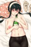  1girl absurdres alcohol bangs bed_sheet black_hair black_legwear blush bottle breasts breasts_apart collarbone earrings eyebrows_visible_through_hair gold_earrings hairband highres holding holding_bottle jewelry large_breasts long_hair looking_at_viewer lying navel nipples on_back pantyhose parted_lips pillow red_eyes ryouya sidelocks solo spy_x_family stomach topless white_hairband yor_briar 