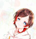  1boy black_hair blue_eyes crazy_raccoon eyebrows_visible_through_hair head_tilt hood hoodie looking_at_viewer male_focus multicolored_hair red_hair seri_ohagi smile solo streaked_hair uruca_(vtuber) virtual_youtuber white_hoodie 