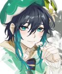  1boy alternate_hairstyle androgynous aqua_eyes aqua_hair bangs beret black_hair blush cape collar collared_cape floral_background flower fractalmagnolia frilled_sleeves frills genshin_impact gradient_hair green_cape green_headwear hand_in_own_hair hat hat_flower long_sleeves looking_at_viewer male_focus multicolored_hair portrait shirt short_hair_with_long_locks smile solo venti_(genshin_impact) white_flower white_shirt 