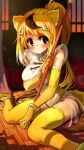  1girl absurdres animal_ears bangle bare_shoulders blonde_hair blush bracelet elbow_gloves eyebrows_visible_through_hair foot_out_of_frame gloves golden_snub-nosed_monkey_(kemono_friends) high_ponytail highleg highres holding holding_staff jewelry kemono_friends long_hair looking_at_viewer melaton monkey_ears monkey_tail multicolored_hair ponytail sitting solo staff tail thighhighs wariza 