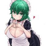  1girl absurdres apron bad_source black_dress breasts cleavage closed_mouth dress green_eyes green_hair heart heart_hands highres large_breasts looking_at_viewer maid_headdress okbnkn original puffy_short_sleeves puffy_sleeves short_sleeves simple_background smile solo white_apron white_background 