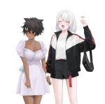  2girls albino bag bangs black_hair breasts choker cleavage contrast dark-skinned_female dark_skin dress embarrassed fish_hair_ornament hair_ears hair_ornament height_difference highres holding_hands jacket large_breasts micchan_(ohisashiburi) multiple_girls nacchan_(ohisashiburi) ohisashiburi open_mouth original pink_eyes red_eyes short_hair shorts simple_background smile tomboy white_background white_hair 