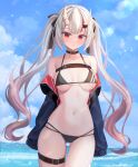  1girl absurdres andamiro bangs bare_shoulders bikini blush breasts cleavage collarbone demon_girl demon_horns highres hololive horns long_hair looking_at_viewer medium_breasts nakiri_ayame navel open_mouth smile solo swimsuit 