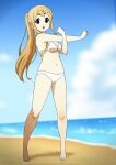  1girl :o bangs barefoot beach bikini blonde_hair blue_eyes blue_sky cloud commentary_request day full_body highres k-on! kicchi_(tmgk) kotobuki_tsumugi long_hair looking_at_viewer navel ocean official_alternate_hairstyle open_mouth ponytail sand shadow sky solo standing swimsuit thick_eyebrows water white_bikini 
