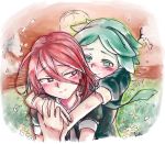  2others ahoge androgynous blush green_eyes green_hair hair_between_eyes hand_holding happy houseki_no_kuni hug hug_from_behind long_bangs multiple_others phosphophyllite red_eyes red_hair scenery shinsha_(houseki_no_kuni) short_hair smile tearing_up tears upper_body 