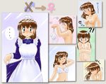  /\/\/\ 1girl apron blush bra breast_grab breast_squeeze breasts brown_hair cleavage closed_eyes copyright_request covering covering_crotch genderswap genderswap_(mtf) grabbing hand_behind_head holding holding_bra large_breasts lingerie maid maid_headdress nude one_eye_closed pisipisi skirt_hold spoken_ellipsis sweatdrop tears transformation underwear 