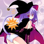  animal_ears breasts cameltoe cape cat_ears copyright_request food_themed_hair_ornament hair_ornament halloween happy_halloween hat jack-o'-lantern kannon_ouji medium_breasts panties pumpkin pumpkin_hair_ornament purple_hair sideboob solo tail underwear witch witch_hat 