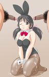  bunny censored copyright_request cum cum_on_body cum_on_lower_body cum_string facial highres orange_brand pantyhose penis plump solo_focus testicles twintails 
