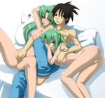  2girls artist_request blue_eyes breast_grab breasts clothed_male_nude_female grabbing green_hair hetero highres higurashi_no_naku_koro_ni long_hair multiple_girls nude ponytail shirtless siblings sisters small_breasts sonozaki_mion sonozaki_shion twins 