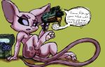  2019 agent_27b alien alien_gun cat command english_text feline female gun kid_vs._kat mammal mr._kat not_furry nude open_mouth pussy ranged_weapon redhand simple_background solo text weapon 