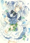  1girl apron back_bow bangs black_bow black_bowtie blue_dress blue_eyes blue_flower blue_rose blush bouquet bow bowtie breasts brooch buttons commentary_request dress eyelashes falling_petals flower frilled_apron frills hair_ribbon highres holding holding_bouquet izayoi_sakuya jewelry looking_at_viewer maid maid_headdress medium_breasts medium_hair mugicha_(mugicha0929) painting_(medium) petals puffy_short_sleeves puffy_sleeves ribbon rose rose_petals shirt short_sleeves sidelocks solo touhou traditional_media tress_ribbon waist_apron watercolor_(medium) white_apron white_background white_hair white_shirt wrist_cuffs 