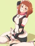  1girl blush boku_no_hero_academia breasts brown_hair bruise bruise_on_face buuu0715 green_background grin hand_on_own_head high_heels highres injury large_breasts legs looking_at_viewer open_mouth scrape short_hair simple_background sitting smile solo teeth torn_clothes torn_legwear uraraka_ochako 