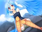  1girl ahoge amoriro bangs bare_shoulders bird_legs blue_feathers blue_hair blue_wings blush feathered_wings feathers hair_between_eyes harpy long_hair midriff monster_girl monster_musume_no_iru_nichijou open_mouth papi_(monster_musume) scales shorts sitting solo winged_arms wings yellow_eyes 