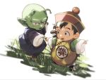  2boys age_regression antennae bald bangs black_eyes black_hair colored_skin commentary_request day dende dougi dragon_ball dragon_ball_(object) dragon_ball_z grass green_skin hat holding holding_hands male_focus monkey_tail multiple_boys open_mouth pointing pointy_ears saba6_0 short_hair simple_background son_gohan tail younger 