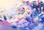  1girl :&lt; animal animal_ear_headwear animal_ears closed_mouth conago flower fur_trim holding holding_animal long_ribbon long_sleeves neck_ribbon original personification pink_eyes pink_flower pink_ribbon rabbit ribbon sitting snow snow_bunny solo white_hair 