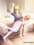 2girls absurdres animal_ears arknights arm_up artist_name ass bagpipe_(arknights) bare_arms bare_shoulders barefoot bed blonde_hair breasts brown_eyes camisole carpet closed_mouth curtains dated dragon_girl dragon_horns dragon_tail fireball_666 highres horns indoors large_breasts lion_ears lion_print long_hair lying multiple_girls on_bed on_stomach orange_hair pajamas print_pajamas short_sleeves siege_(arknights) sitting sitting_on_bed slap_mark spanking tail thighhighs very_long_hair white_legwear yuri 