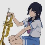  1girl blue_skirt eyebrows_visible_through_hair hand_on_own_thigh hibike!_euphonium highres holding holding_instrument instrument kitauji_high_school_uniform kousaka_reina long_hair looking_at_viewer neckerchief pink_hair pink_neckerchief psylduck sailor_collar school_uniform serafuku short_sleeves sketch skirt solo squatting trumpet 