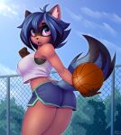  2021 anthro ball basketball_(ball) blue_hair bottomwear brand_new_animal brown_body brown_fur canid canine clothing digital_media_(artwork) female fur hair hi_res looking_at_viewer mammal michiru_kagemori netflix open_mouth pony-way raccoon_dog shaded shorts solo studio_trigger tanuki 