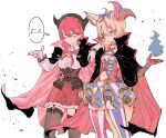  2girls animal_ears bell beret black_cape black_headwear blonde_hair blue_fire blue_skirt bow breasts cape cleavage clothing_cutout corset finger_gun fire fox_ears fox_girl green_eyes hat highres hololive kakult2017 medium_breasts multiple_girls navel navel_cutout omaru_polka open_hand pink_eyes pink_hair red_bow red_skirt sakura_miko skirt small_breasts speech_bubble striped striped_skirt thighhighs virtual_youtuber 