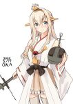  1girl artist_name blonde_hair blue_eyes blush braid breasts commentary_request cosplay costume_switch crown dated eyebrows_visible_through_hair french_braid hair_between_eyes highres holding holding_crown kantai_collection kongou_(kancolle) kongou_(kancolle)_(cosplay) long_hair looking_at_viewer mini_crown owa_(ishtail) pleated_skirt skirt sleeveless smile thighhighs warspite_(kancolle) zettai_ryouiki 