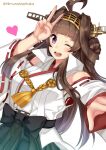  1girl ;d absurdres ahoge bangs blunt_bangs breasts brown_hair detached_sleeves double_bun dutch_angle eyebrows_visible_through_hair hand_up headgear heart highres himura_moritaka kantai_collection kongou_(kancolle) kongou_kai_ni_(kancolle) large_breasts looking_at_viewer nontraditional_miko one_eye_closed open_mouth outstretched_arm purple_eyes ribbon-trimmed_sleeves ribbon_trim smile solo teeth twitter_username upper_teeth v white_background wide_sleeves 
