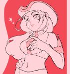  +_+ 1girl armband bare_shoulders blouse blush breasts character_request closed_mouth copyright_request cowboy_hat crop_top facial_mark hand_on_hip hand_up hat highres light_blush long_hair looking_at_viewer medium_breasts midriff monochrome navel red_background red_theme shirt sidelocks sketch sleeveless sleeveless_shirt solo standing star_(symbol) stellarspin stomach symbol-only_commentary upper_body 