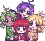  2boys 2girls :3 :d antenna_hair appleheart04 bangs black_wings blonde_hair blunt_bangs brown_eyes chibi colored_eyelashes dipsy dreadlocks eyebrows_visible_through_hair green_hair hand_on_another&#039;s_shoulder highres holding_hands hood hoodie laa-laa long_sleeves looking_at_viewer medium_hair multiple_boys multiple_girls open_mouth outstretched_arms parted_bangs personification po_(teletubby) pointy_ears ponytail purple_hair red_hair smile teletubbies thick_eyebrows tinky_winky wings 