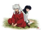  1boy 1girl animal_ears black_hair chamisuke couple crossed_legs dog_ears highres higurashi_kagome inuyasha inuyasha_(character) japanese_clothes jewelry kimono long_hair necklace school_uniform serafuku sitting skirt wariza white_hair wide_sleeves yellow_eyes youkai 