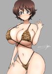  1girl akaboshi_koume animal_print bikini blue_eyes blush breasts brown_hair bukkuri cleavage closed_mouth collarbone dated eyebrows_visible_through_hair girls_und_panzer grey_background hand_on_own_thigh highres large_breasts looking_at_viewer navel shiny shiny_hair shiny_skin short_hair simple_background solo swimsuit tiger_print 