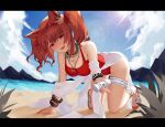  1girl absurdres all_fours angelina_(arknights) angelina_(summer_flowers)_(arknights) animal_ears arknights beach black_collar blue_sky breasts brown_hair cloud cloudy_sky collar eyebrows_visible_through_hair fizzbin fox_ears fox_girl hair_between_eyes hairband highres infection_monitor_(arknights) looking_at_viewer medicine_bottle medium_breasts mountain official_alternate_costume open_mouth red_eyes red_swimsuit sky smile swimsuit swimsuit_cover-up twintails two-tone_hairband water 