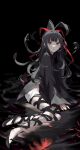  1girl azami_(kagerou_project) black_dress black_hair curly_hair dark dress highres kagerou_project long_hair long_sleeves mo011010 parted_lips ponytail red_eyes ribbon shallow_water solo water 