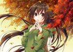  1girl ahoge autumn autumn_leaves bangs breasts brown_eyes brown_hair day fingers_to_mouth gradient gradient_background green_hoodie hood hoodie kirisita long_hair long_sleeves looking_at_viewer original small_breasts solo very_long_hair 