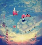  animal_ears balloon blue_eyes broom broom_riding character_request cloud cloudy_sky creature day flying highres kirby kirby_(series) monster one-eyed open_mouth pole sky smile spikes star_(symbol) sun sunlight suyasuyabi waddle_doo white_hair wings 