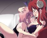  2girls ahoge blush bra brown_hair chiyoda_momo curled_horns demon_girl demon_horns demon_tail eyebrows_visible_through_hair gobera hair_ornament hairclip horns long_hair machikado_mazoku multiple_girls open_mouth pink_hair shiny shiny_hair short_hair tail underwear yoshida_yuuko_(machikado_mazoku) yuri 