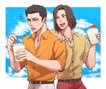  2boys belt black_hair blue_sky brain_freeze brown_hair cloud coco_(h221414) colored_tongue commentary_request drinking_straw friends hand_on_another&#039;s_shoulder highres jewelry kiryuu_kazuma male_focus medium_hair multiple_boys necklace nishikiyama_akira orange_shirt outside_border pants popped_collar red_pants ryuu_ga_gotoku ryuu_ga_gotoku_0 shaved_ice shirt short_hair sky sleeves_rolled_up summer white_pants yellow_shirt younger 