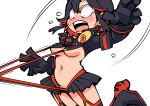  1girl black_hair breasts gloves hounori kill_la_kill matoi_ryuuko multicolored_hair navel open_mouth red_hair short_hair simple_background skirt solo streaked_hair suspenders thighhighs two-tone_hair white_background 