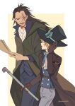  2boys :d ascot black_hair blonde_hair cape coat eyewear_on_headwear facial_mark gloves hat highres holding industrial_pipe long_hair male_focus monkey_d_dragon mulso multiple_boys one_piece sabo_(one_piece) smile 