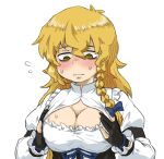  1girl @_@ black_gloves blonde_hair blush braid breast_squeeze breasts bseibutsu cleavage cleavage_cutout clothing_cutout cookie_(touhou) eyebrows_behind_hair flying_sweatdrops frown gloves hair_between_eyes kirisame_marisa large_breasts looking_down mars_(cookie) partially_fingerless_gloves puffy_sleeves side_braid solo sweat touhou underbust upper_body yellow_eyes 