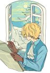  1boy ascot bird blonde_hair from_behind gloves highres long_sleeves looking_outside male_focus mulso newspaper one_piece reading sabo_(one_piece) solo white_bird window windowsill 