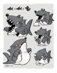  1other animal animal_ears animal_focus cake chimerism dagasi_yk dog dog_ears eating food fusion grey_background highres licking_lips multiple_views original sad shark sharp_teeth symbol-only_commentary tearing_up teeth tongue tongue_out twitter_username 