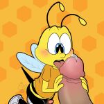  1:1 antennae_(anatomy) anthro arthropod balls bee blush bodily_fluids bottomless buzz_the_bee cheerios clothed clothing cum digital_drawing_(artwork) digital_media_(artwork) disembodied_penis duo erection fellatio footwear general_mills genital_fluids genitals handjob hi_res holding_penis honey_bee honey_nut_cheerios humanoid_genitalia humanoid_penis hymenopteran insect insect_wings licking macro male male/male mammal mascot micro micro_on_macro muffinlewds not_furry nude open_mouth oral penile penis penis_lick sex shirt shoes simple_background size_difference smaller_male solo_focus tongue tongue_out topwear two-handed_handjob wings yellow_body 