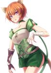  1girl animal_ears asymmetrical_gloves bandaged_arm bandages brown_gloves brown_hair cat_ears cat_girl cat_tail choker collarbone cowboy_shot facial_mark fingerless_gloves fire_emblem fire_emblem:_path_of_radiance gloves green_choker green_shorts highres lethe_(fire_emblem) looking_at_viewer minamonochaba open_mouth purple_eyes shiny shiny_hair short_hair short_shorts short_sleeves shorts side_slit simple_background solo standing tail white_background 