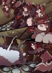  brown_body brown_fur brown_hair cave clawed_hands claws comic digital_media_(artwork) english_text explosion fight fur hair hi_res horn horned_humanoid humanoid male mammal monster_girl_(genre) red_claws red_hair shriekingmagpie stone_floor text 