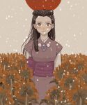  1girl ace_attorney black_hair blush flower grey_eyes iris_(ace_attorney) japanese_clothes long_hair looking_at_viewer no_bangs renshu_usodayo snowing solo sunflower 